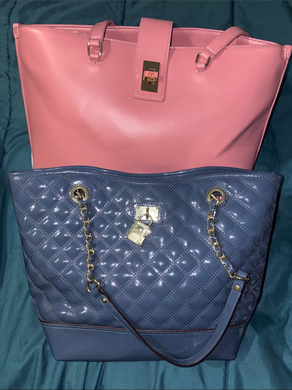 2 - Anne Klein Tote Bags - Quilted Blue/Gray & Blush Pink